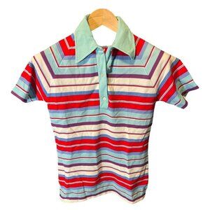 Vintage 80s Multicolor Striped Nylon Short Sleeved Stretch Top Sz M